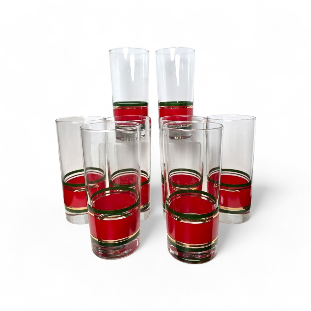 Vintage Libbey Red Green and Gold Banded Christmas Tumblers
